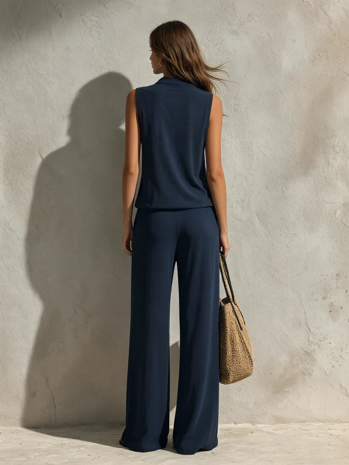 Nicoletta | Marineblaues Set mit ärmellosem Oberteil und weiter Hose