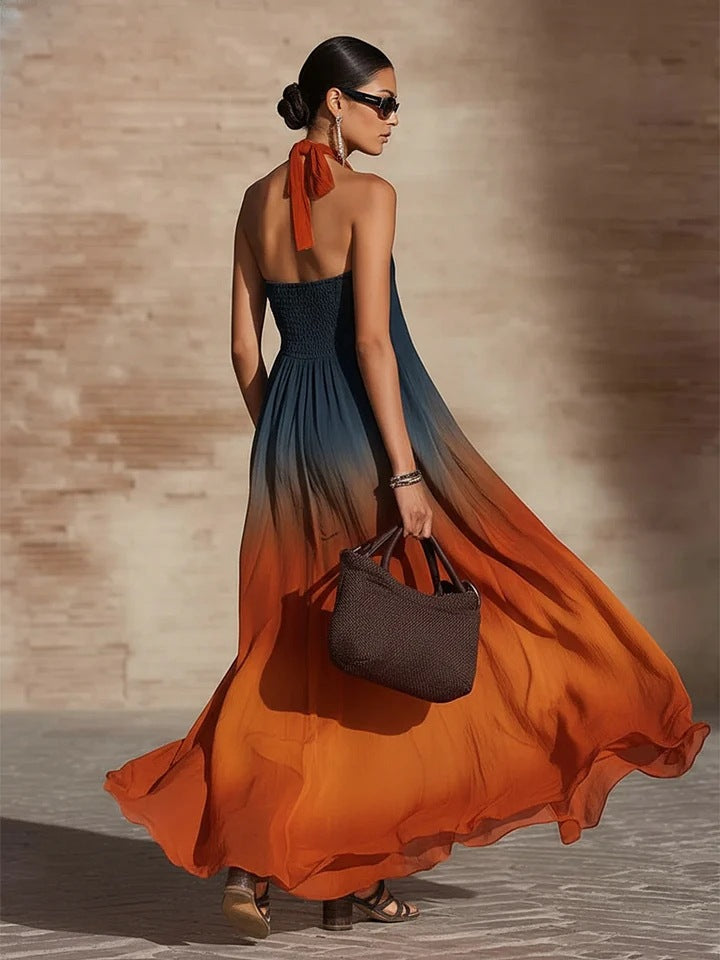 Paula | Ombre-Maxikleid mit Neckholder- und V-Ausschnitt