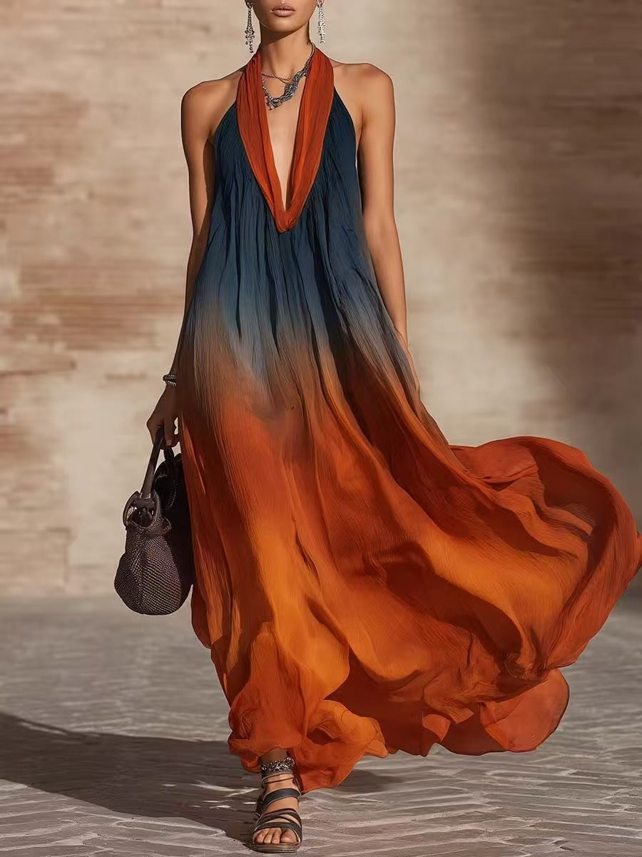 Paula | Ombre-Maxikleid mit Neckholder- und V-Ausschnitt