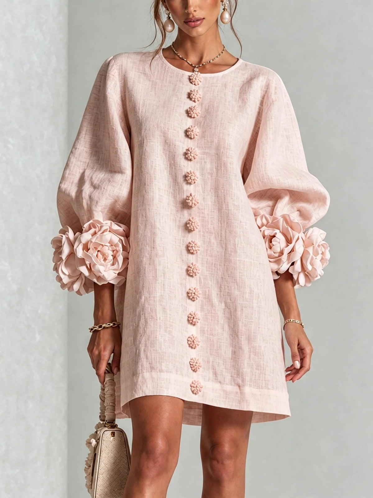 Geblümtes Kleid mit Laternenärmeln und Rundhalsausschnitt