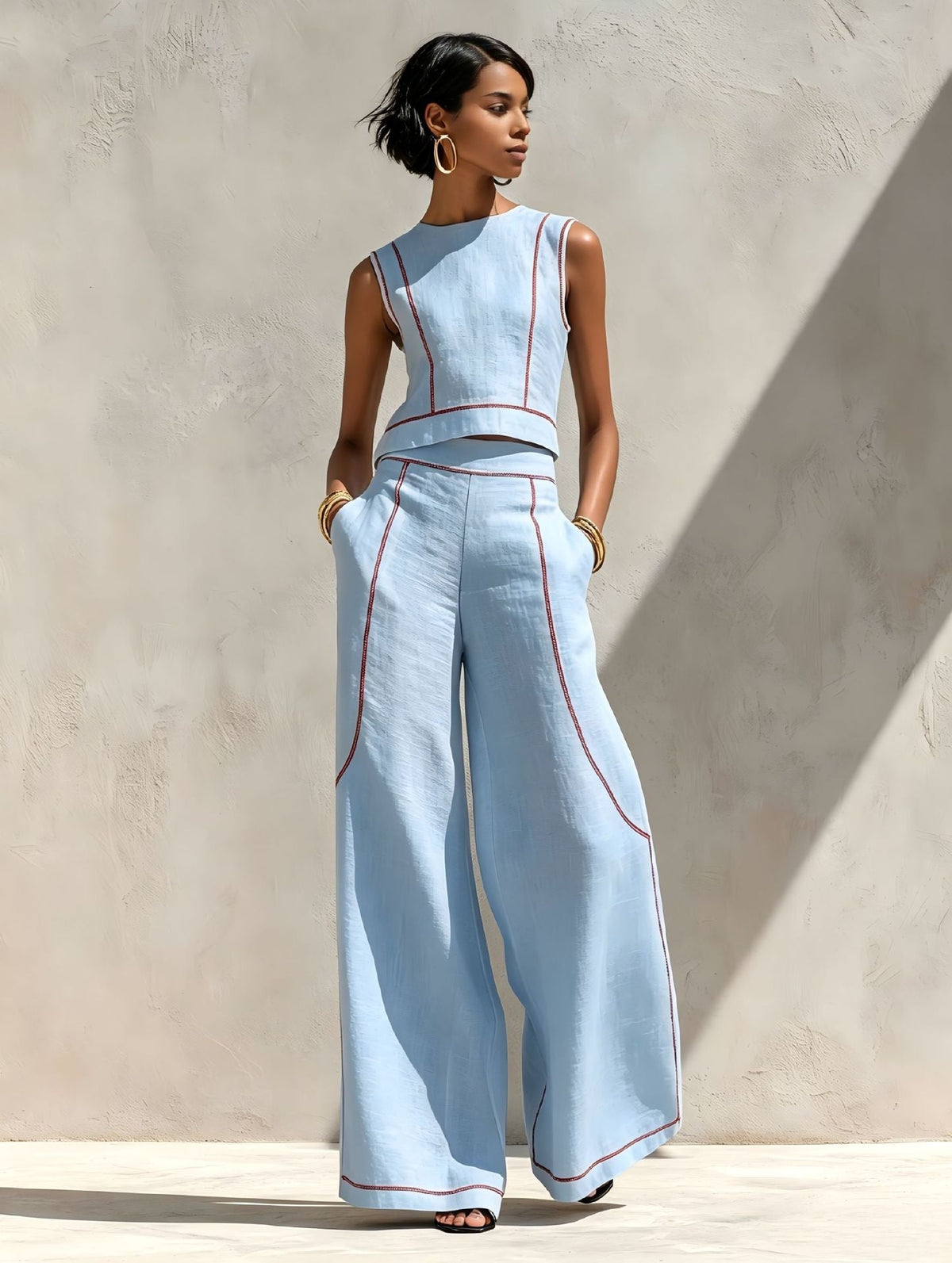 Vittoria | Weißes Zweiteiler-Set mit ärmellosem Top und Hose mit weitem Bein