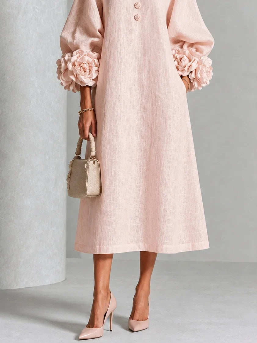 Ladina - Blumiges Midi-Kleid mit Knopfleiste und auffälligen Blumenmanschetten