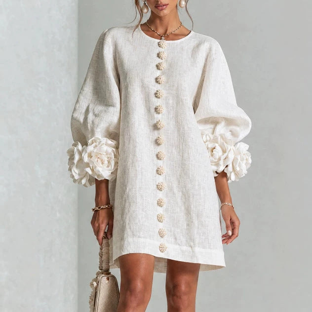 Geblümtes Kleid mit Laternenärmeln und Rundhalsausschnitt